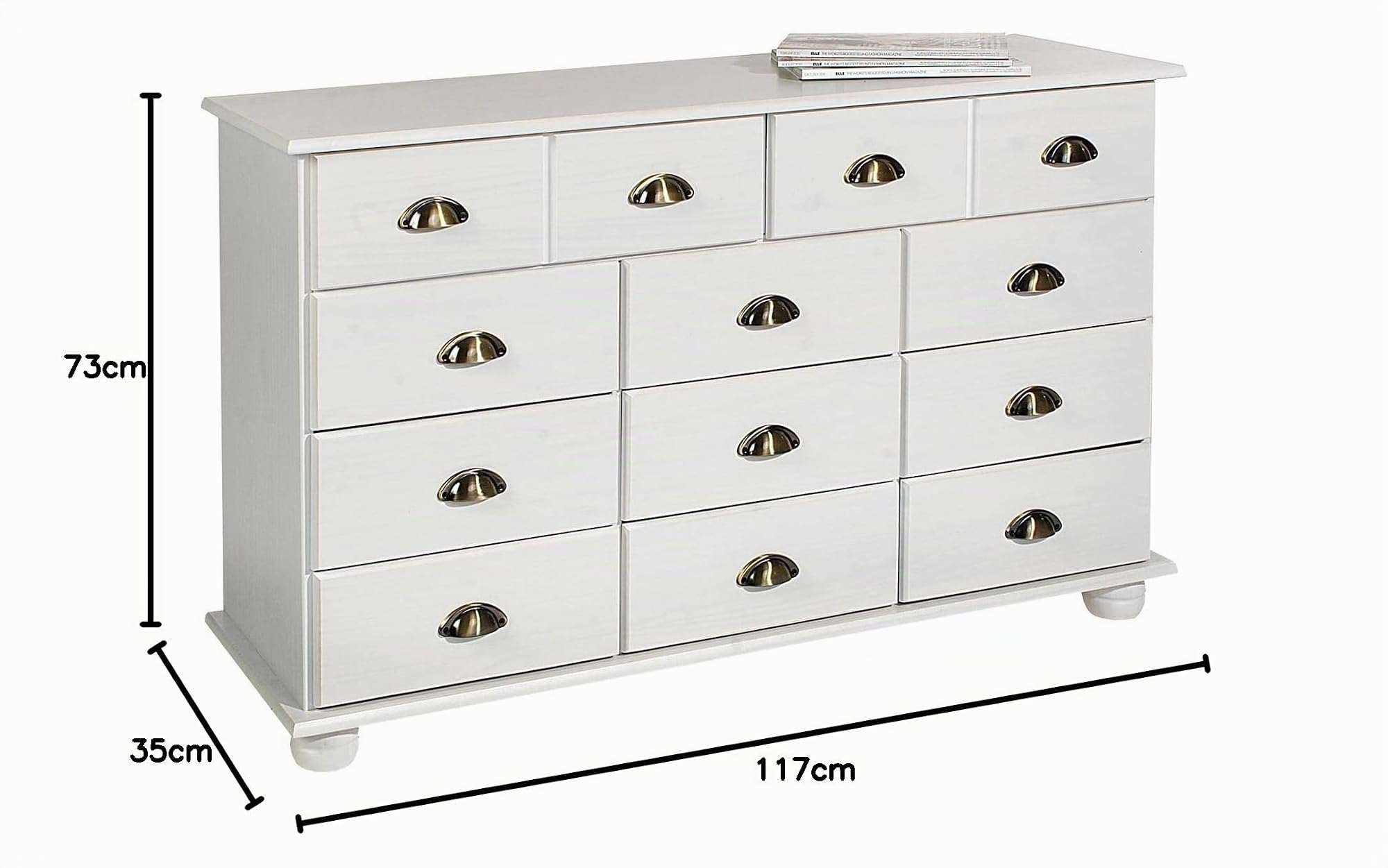 IDIMEX Schubladenschrank Colmar, Weiß - Apothekerkommode mit Muschelgriffen aus Metall. 11 Schubladen, Sideboard im Landhausstil, Kiefer Massivholz