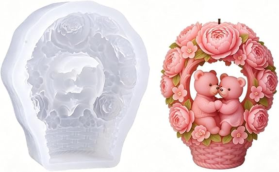 Silicone Candle Mold 3D Couple Bear Flower Basket Design, 3.22 x 3.85 in Flexible Mold for Candle Making, Anniversary De