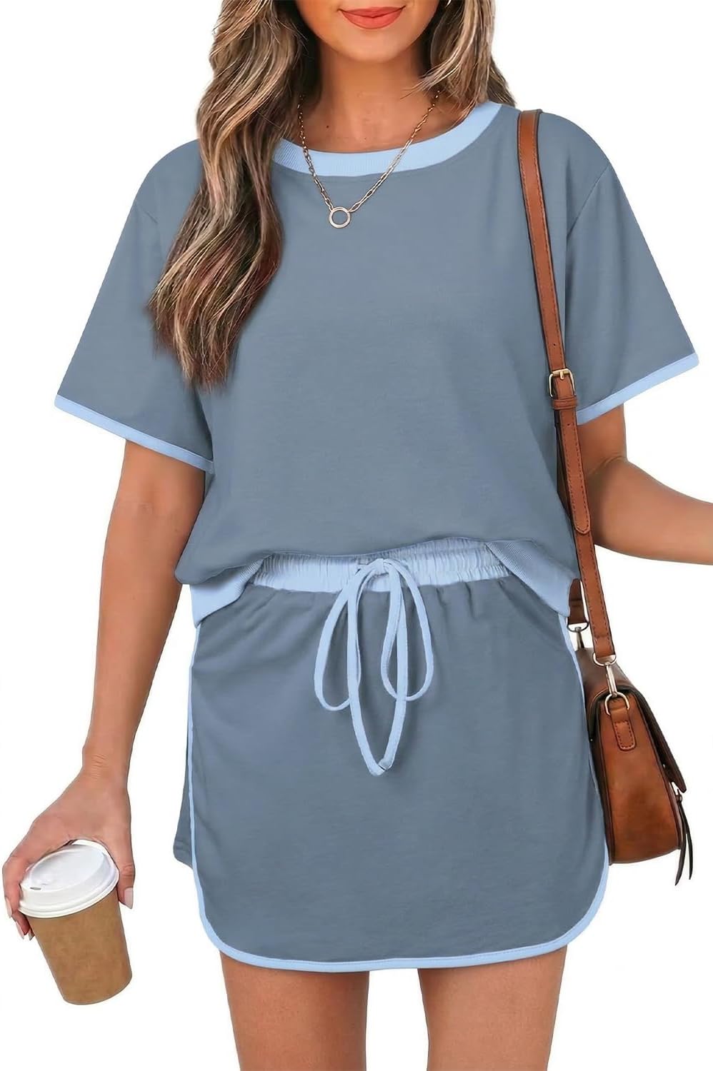 Opemiby Womens 2 Piece Skort Set 2026 Color Block Short Sleeve Top Drawstring Skort Matching Sets Casual Lounge Summer Outfit