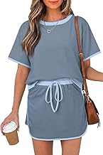 Womens 2 Piece Skort Set 2026 Color Block Short Sleeve Top Drawstring Skort Matching Sets Casual Lounge Summer Outfit