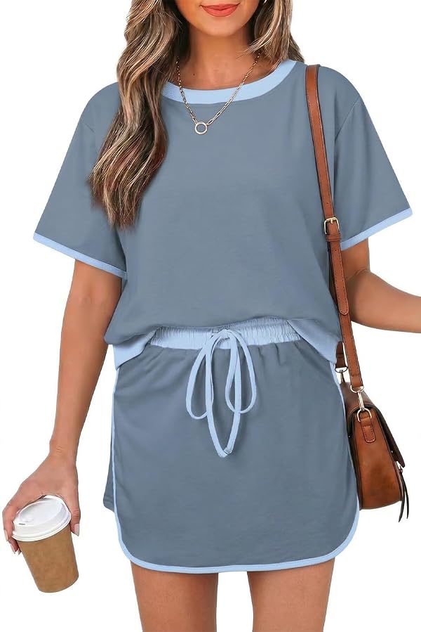 Opemiby Fashion Summer Two Piece Set Crewneck Tshirt and Short Sets Minimalist Design No Pockets Cruise Outfit for Going Out Polished Brunch Coffee Beach Vacation Travel Airport Gray Blue M by Opemiby - Used condition - US$28.49