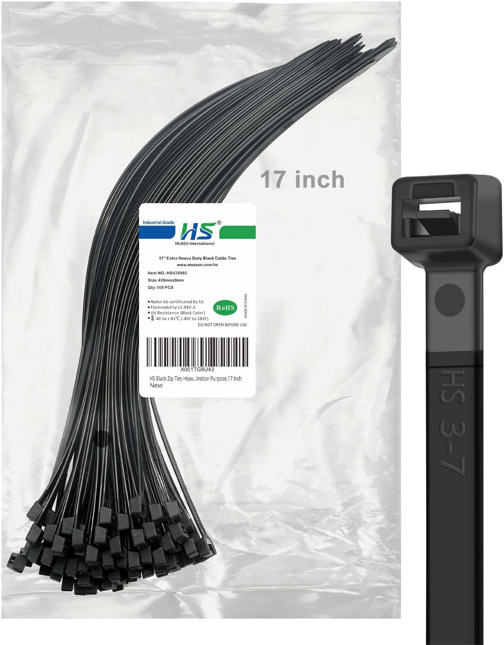 HS Wide Wire Ties Heavy Duty 17 Inch 100 Pcs 200 Pounds Strength,Black Zip Tie Straps Large UV Nylon Cable Zap Wraps Long,Outdoor Purpose