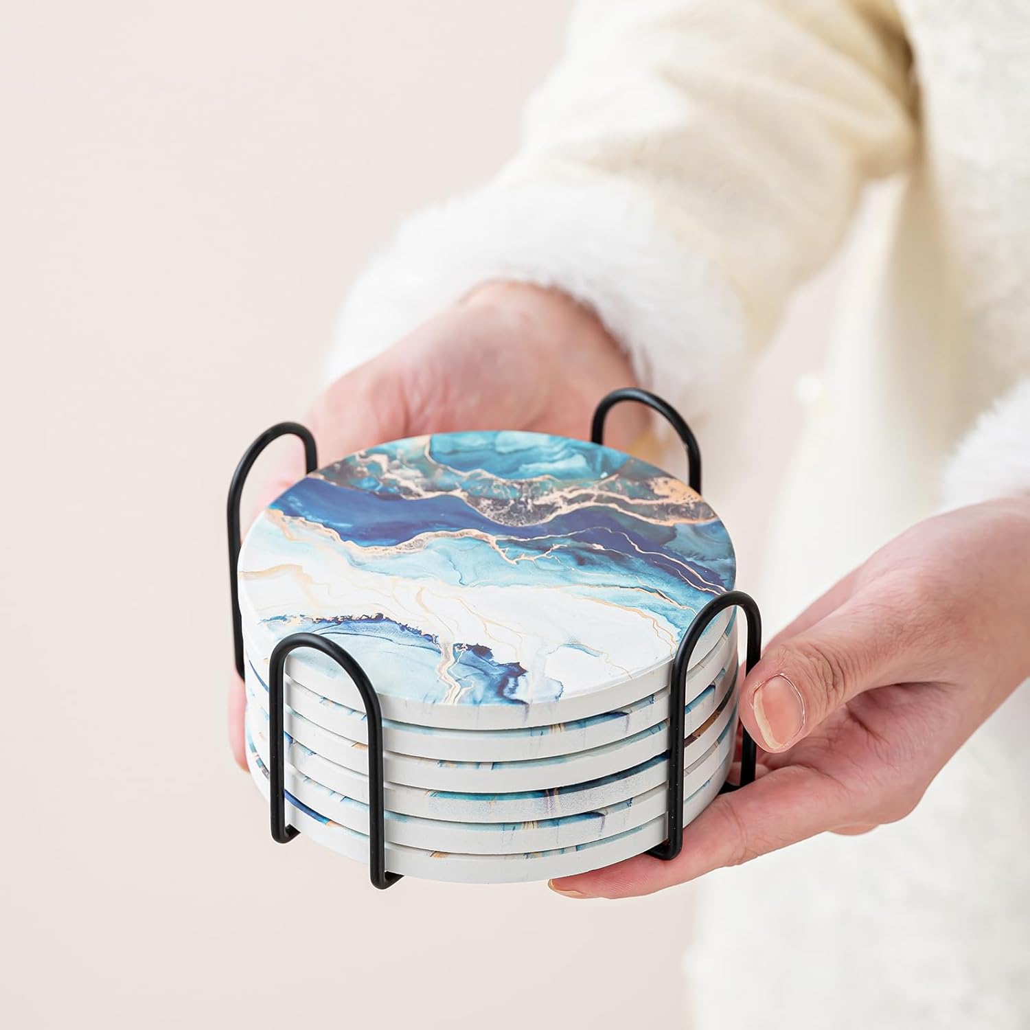 Ceramic Drink Coasters Set of 6 with Holder, Modern Marble Absorbent Ceramic Coasters, Round Ceramic Table Coasters for Home Decor Coffee Kitchen (4 Inches), Lake Blue - Image 3