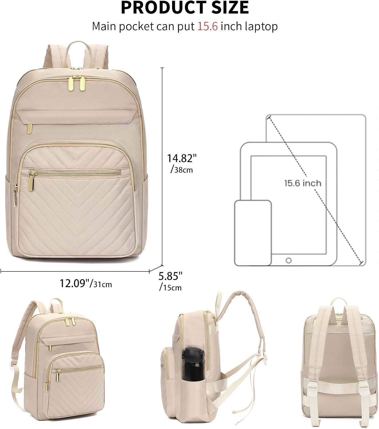 GAEKEAO Laptop Backpack Purse for Women 15.6 Inch Travel Computer Bags Fashion Casual Daypacks for Work College Business Beige