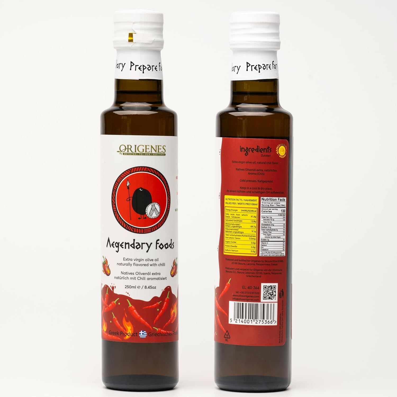 Pack of 2 Extra Virgin Flavored Olive Oil, 1 Bottle Garlic, 1 Bottle Chili Infused EVOO, Cold Pressed, Polyphenol Rich EVOO, Intense Flavor Olive Oil Extra Virgin, from Laconia 2X250ml