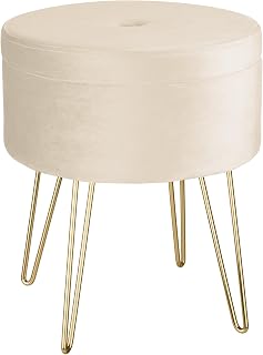 TecTake® Elegante Taburete Redondo Aterciopelado con Espacio de Almacenamiento, Capacidad de Carga 300 kg, Mueble Auxiliar Dormitorio, Puff Salon, Taburete Dormitorio, Puff almacenaje - Crema