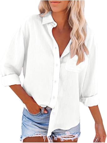 Blouses for Women Dressy Casual Classic Linen Button Down Shirt Long Sleeve Blouses with Chest Pocket Collared Tops