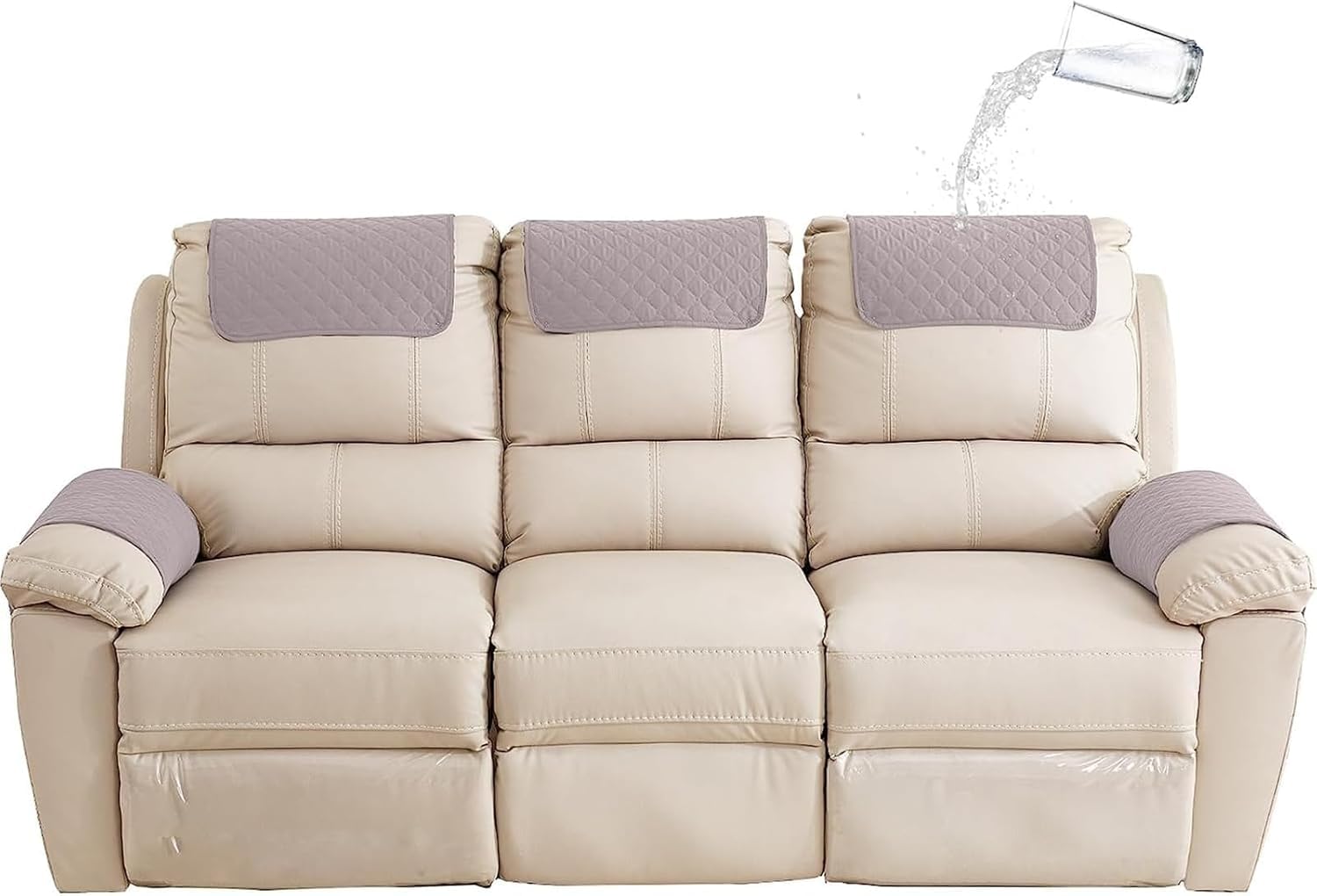 NEKOSUKI Sofa Armrest Cover, Headrest Cover for Recliner Chair Arm Cover with Pockets, Nonslip Waterproof Furniture Protector Pet Dog Couch Covers for Leather Sofa Couch (Light Gray, 3 Seater (5PCS))