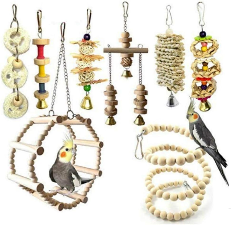 Bird Swings 8Pcs Set Original Wooden Parrots Toys Pet Bird Toys Set Bird Ladder 1Set