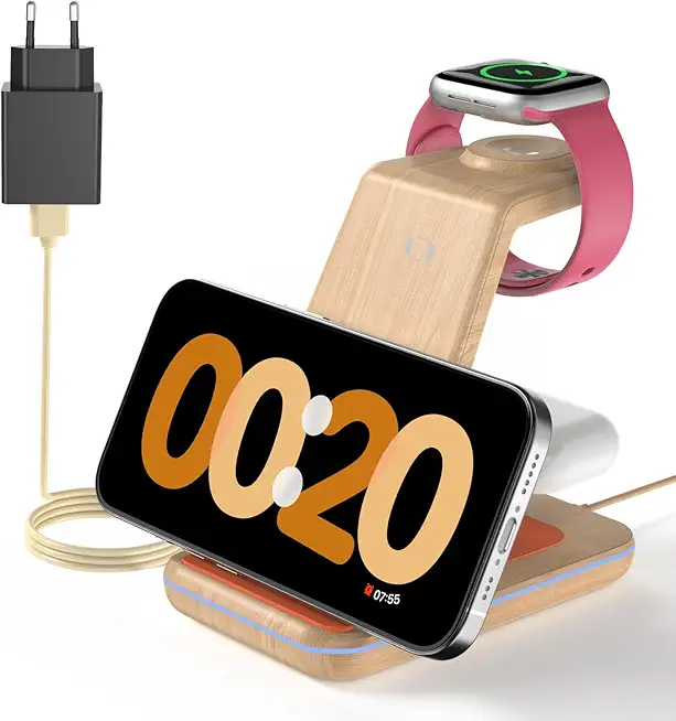 JoyGeek 3 in 1 Kabelloses Ladegerät, Wireless Charger für i Phone 17/16/15/14/13/12/11/X, Induktive Handy Ladestation für iWatch 11/10/9/Ultra/SE/8/7/6/5/4, für AirPods 4/2/3/Pro, Bamboo