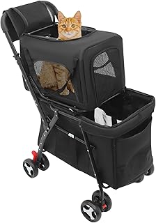 Carrito para mascotas de doble capa, hasta la parte superior de 7 kg/inferior, 15 kg, plegable, con ruedas, para gatos y perros, color negro