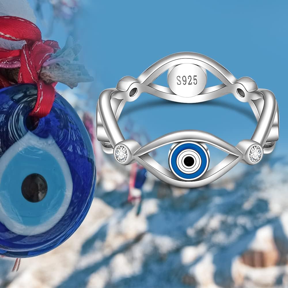 Evil Eye Ring for Women Sterling Silver Blue Spiritual Turkish Evil Eye Rings Greek Mal De Ojo Nazar Amulet faith Religious Jewelry Gift Size 7 8 9