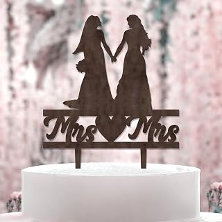 Mrs and Mrs Lesbians Cake Topper for Wedding Two Women Girls Brides Silhouette Cake Toppers LGBTQ Wedding Cake Topper Two Girls Same Sex Gay Couple Rustic Cake Toppers Brown Wood