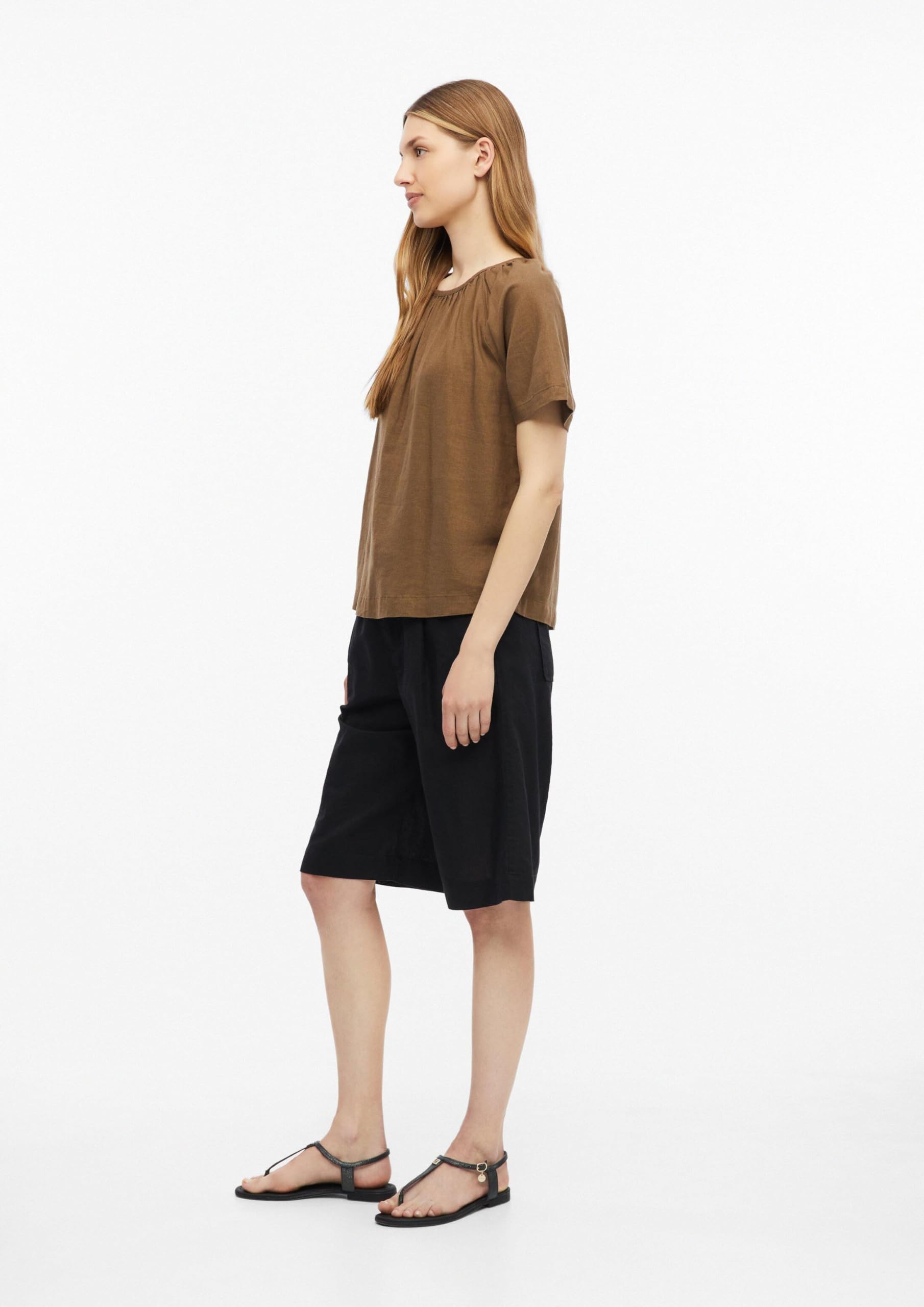 s.Oliver Damen Bluse – Relaxed Fit, Leinenmix, Kurzarm mit Raffung und Schleife