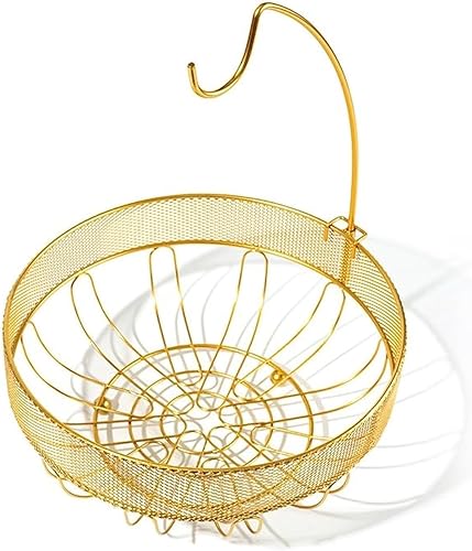 LANDTOM Cesta de frutas con gancho lateral de malla de alambre desmontable dorada, cesta de frutas de alta calidad con asa, estante para aperitivos,