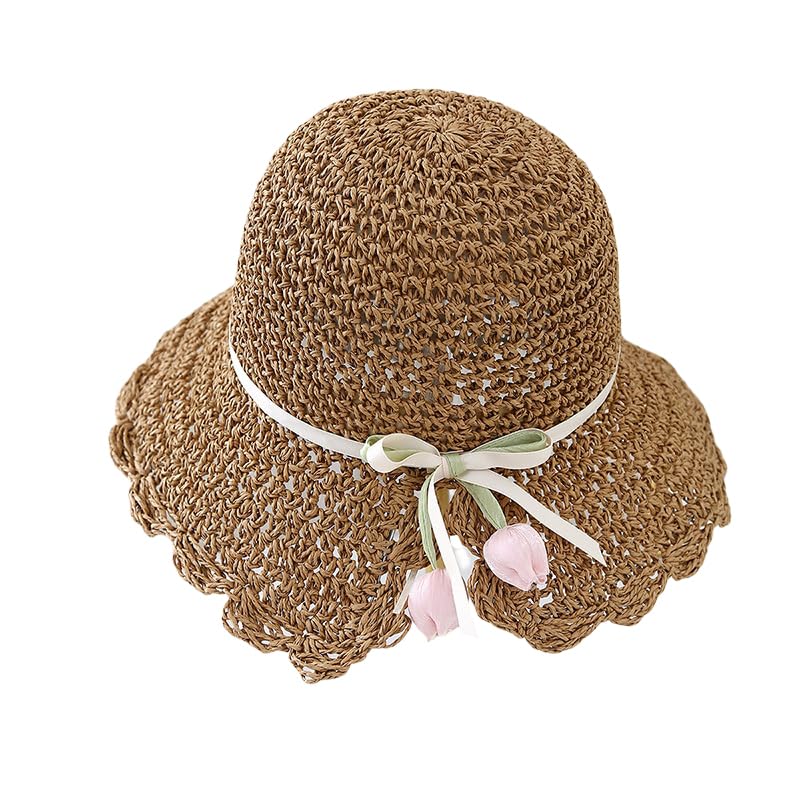 Sombrero de Paja para Mujer,ala Ancha,con Decoración de Tulipanes,Plegable,Flexible,para Playa,para Viajes,Vacaciones de Verano,Suave,Ligero y Transpirable