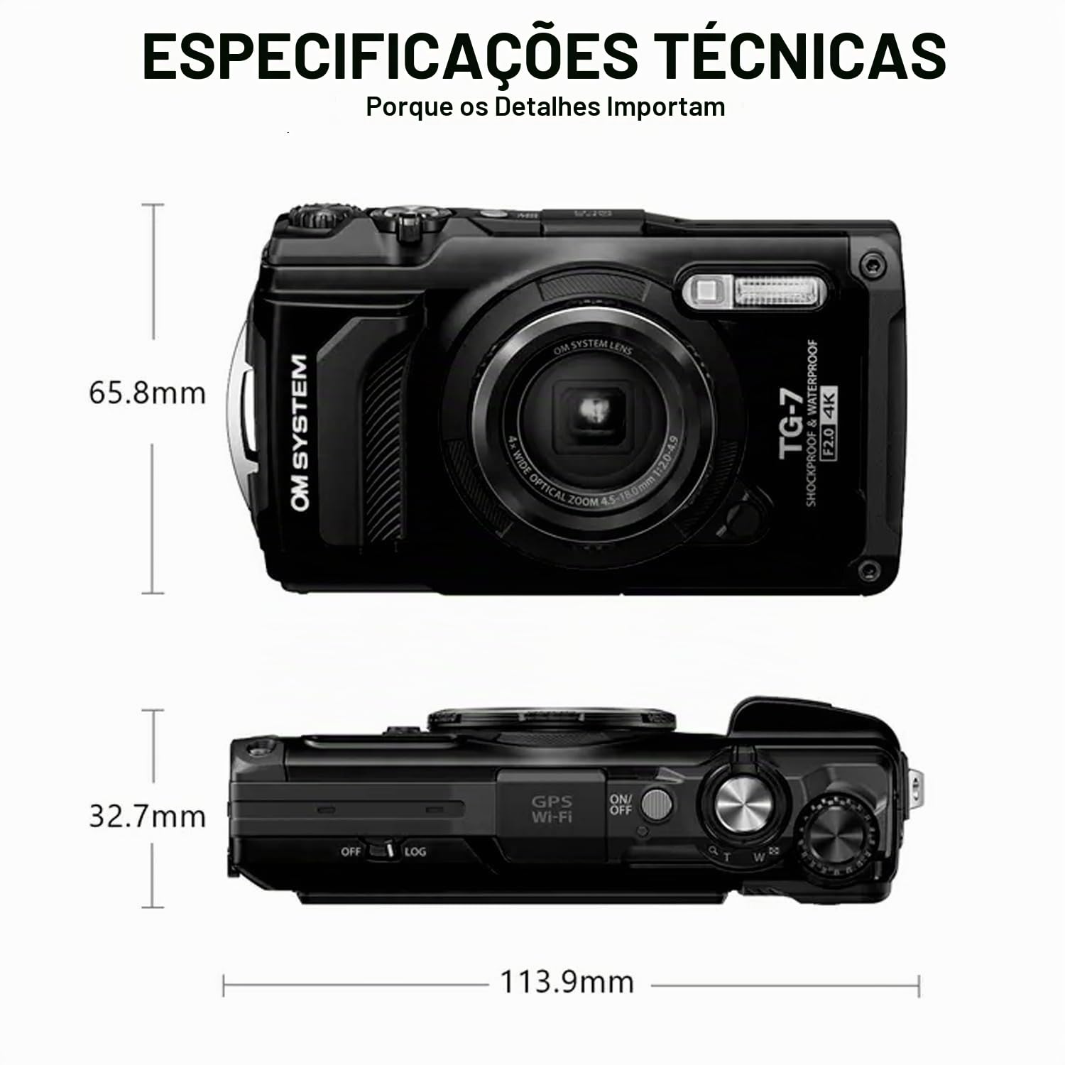 OLYMPUS TG-7 ブラック　4K 対応 OM SYSTEM Câmera subaquática preta Tough TG-7, impermeável, à