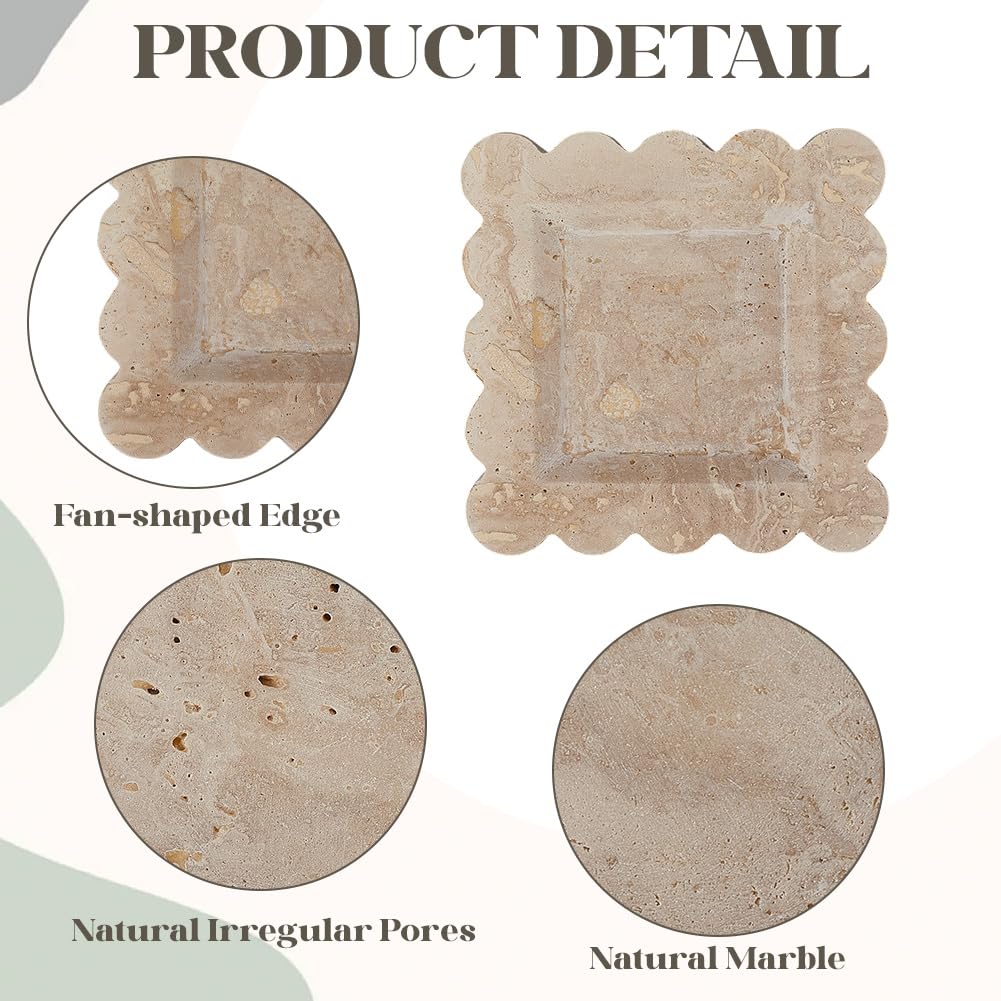 CREATCABIN Bandeja Decorativa de Travertino Bandeja de Mármol para Joyas Bandeja Cuadrada Beige para Tocador de Baño Soporte para Platos de Cocina Borde Festoneado de Almacenamiento 20.3x20.3x1.75cm