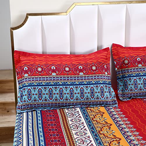 Sdy 4Pcs Bohemian Bedding Sheet Set,Red Boho Retro Super Soft Sheets Set With 1 Fitted Sheet & 1 Top Flat Sheet & 2 Pillowcases (Queen, Colorful) #TOP1