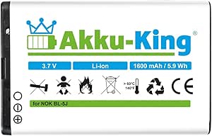 Akku-King Akku kompatibel mit Nokia BL-5J - Li-Ion 1600mAh - für Lumia 520 521 530, 5800 XpressMusic, 5230, C3-00, N900, X6-00, Asha 200, 201, 302