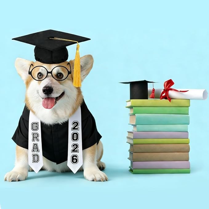 6 Piezas Gorro y Bata de Graduación para Perros y Gatos Incluye 2026 Accesorios para Mascotas (Negro, Grande) miniatura 8