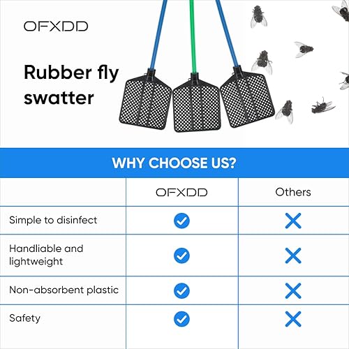 Miniatura 6 de OFXDD Matamoscas de goma, paquete de matamoscas largo, matamoscas resistente, colores azul y verde (paquete de 3)