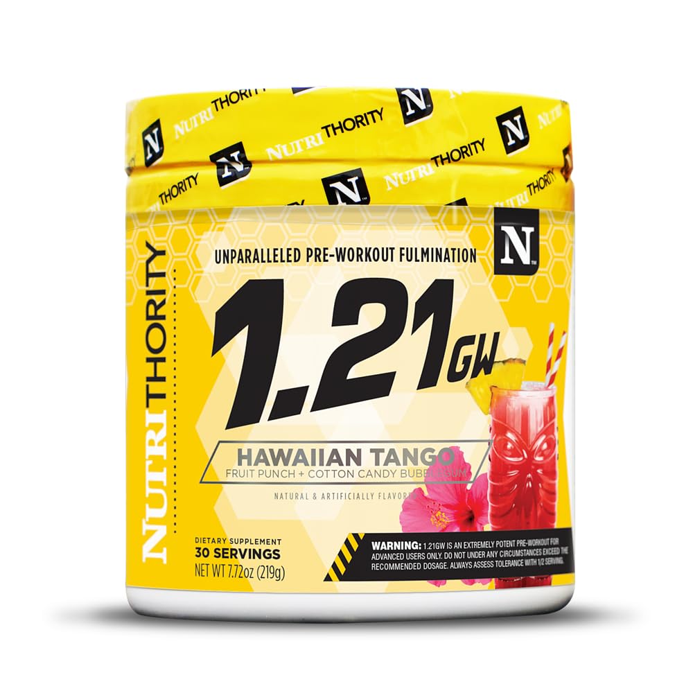 Nutrithority 1.21gw High Stim Pre-Workout, Hawaiian Tango - Strength Gains Powder Energy Supplement - Unparalleled Pumps, Focus, & Drive - Intense Blend of Time Released Caffeine
