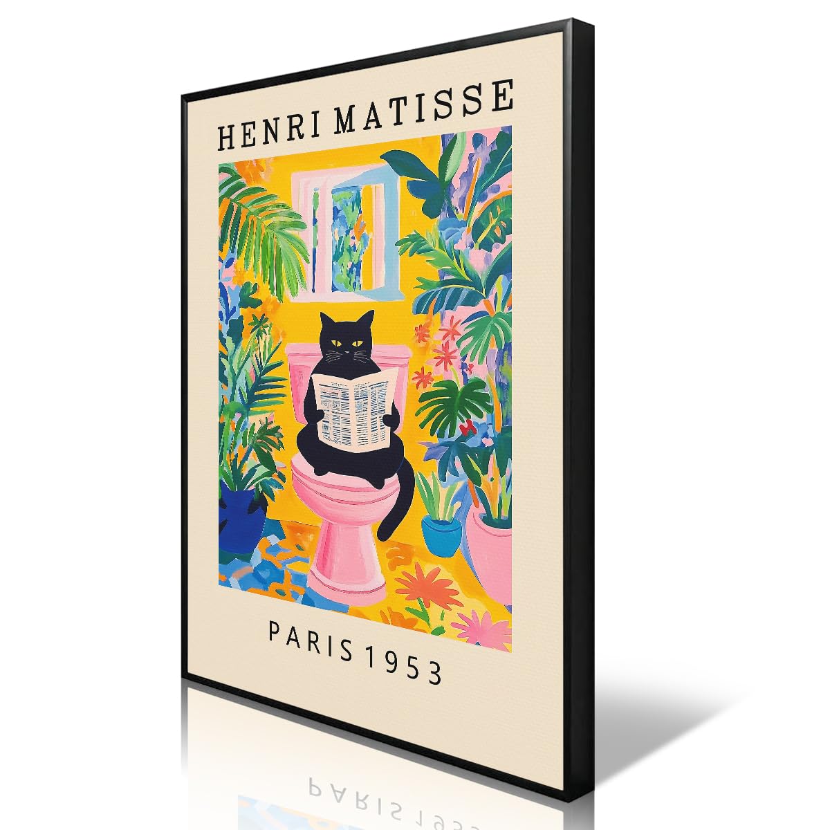 Xmjjqq Cat 02 Cat Canvas Wall Art, Black Cat On Toilet Reading Newspaper Bathroom Poster, Pink Dopamine Henri Matisse Inspired Mid Century Print, Green Tropical Botanical Restroom Picture 12X16in Unframed