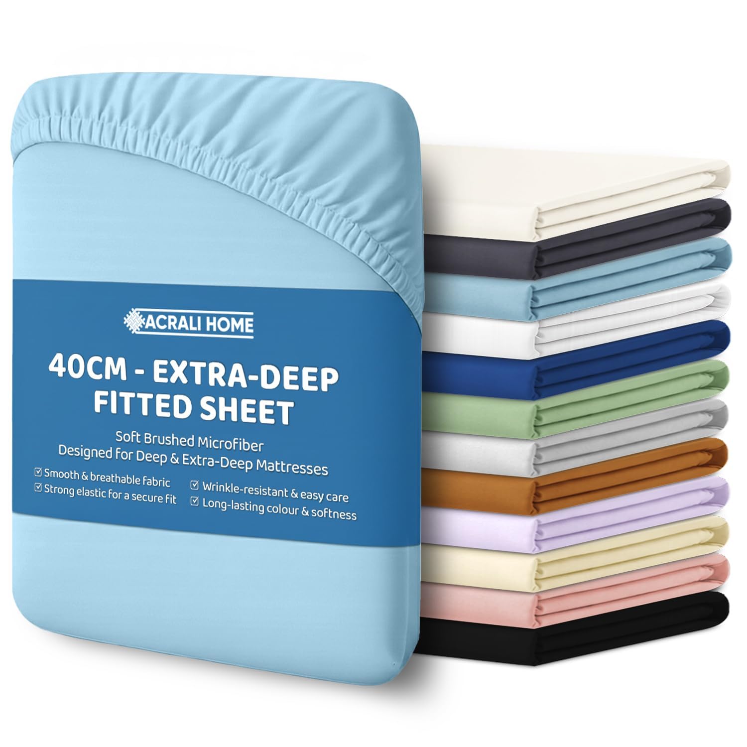 ACRALI HOME King Fitted Sheet - Duck Egg Bottom Sheet for King Bed with 40cm Extra Deep Fit Pocket- Hotel Quality Soft Microfiber Bedsheet - Breathable, Shrinkage and Fade Resistant