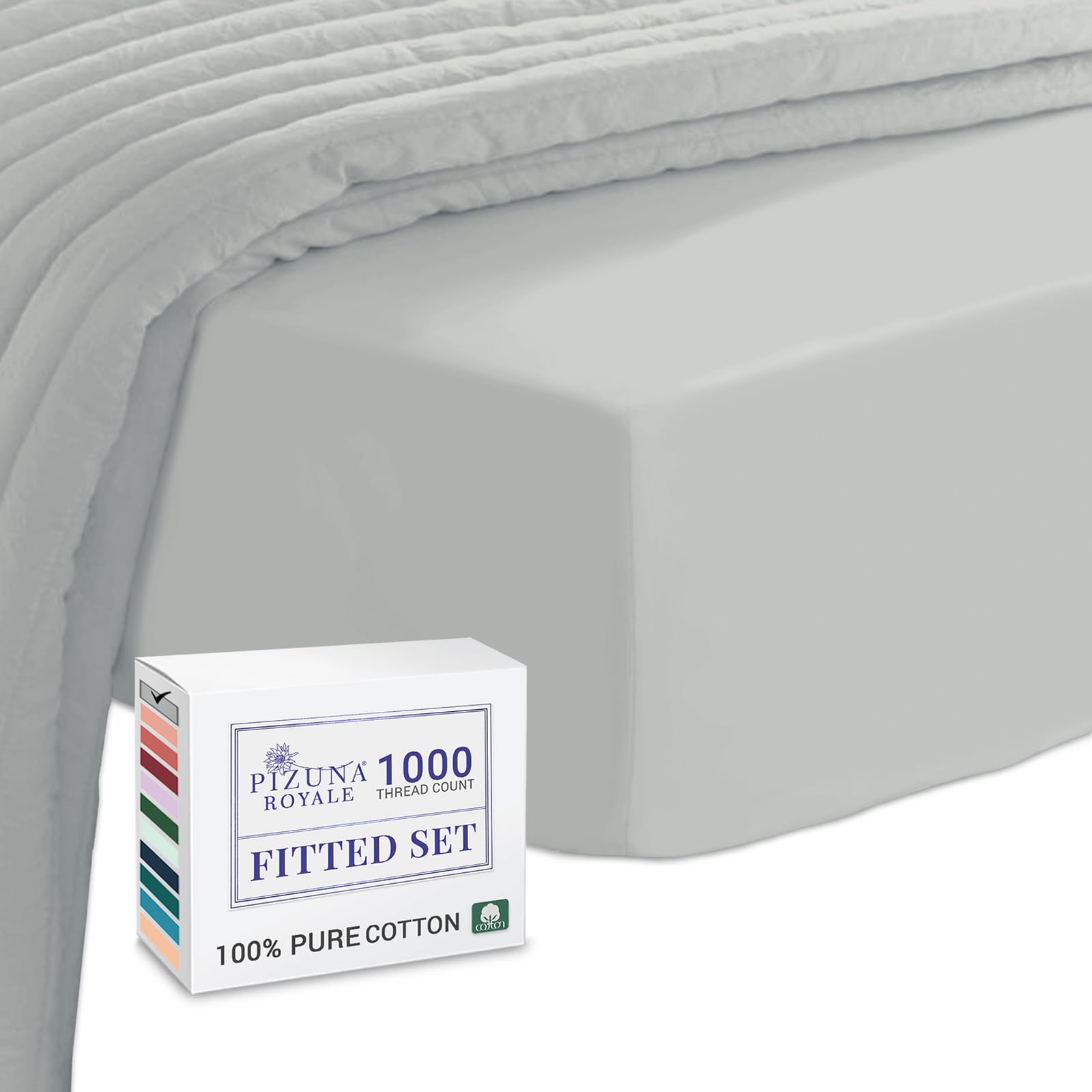 Pizuna Royale Cotton Queen Fitted Sheet 160x200 cm Silver, 1000 Thread Count Thick Luxurios 100% Long Staple Cotton Sateen Weave Bed Sheet, Deep Pocket Sheet Fits 40cm (Fitted Sheet - 1PC)