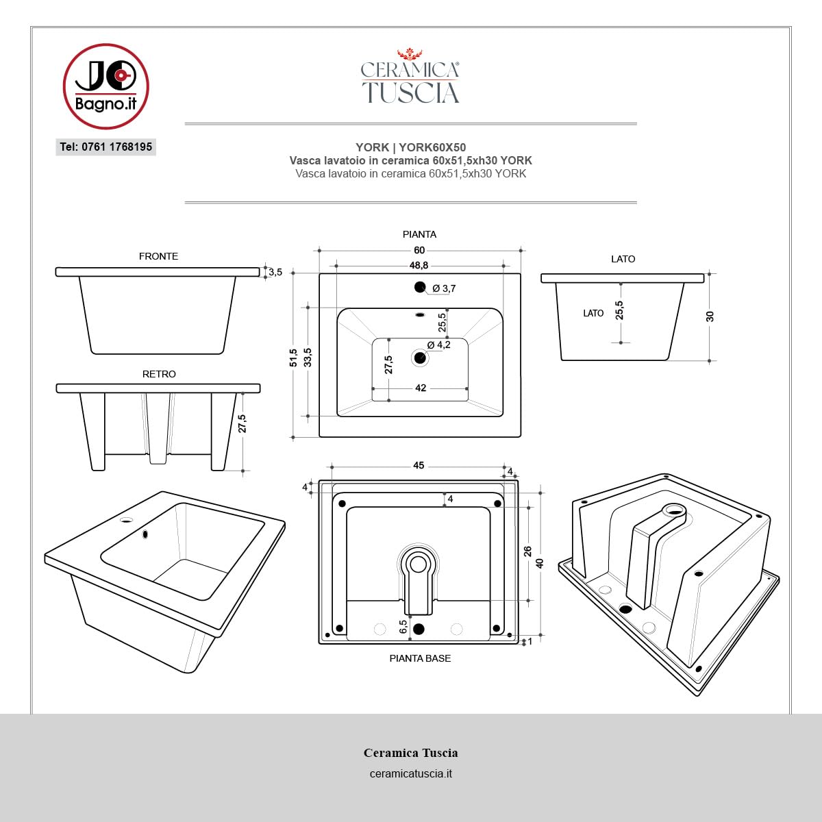 LAVABO LAVATOIO PILOZZO CERAMICA 60 x 51 YORK PROFONDO 25 CM TUTTA VASCA PER TOP O MOBILE DA INCASSO O INSTALLAZIONE CON STAFFE ANCHE IN ESTERNO IDEALE PER MOBILE DI DESIGN