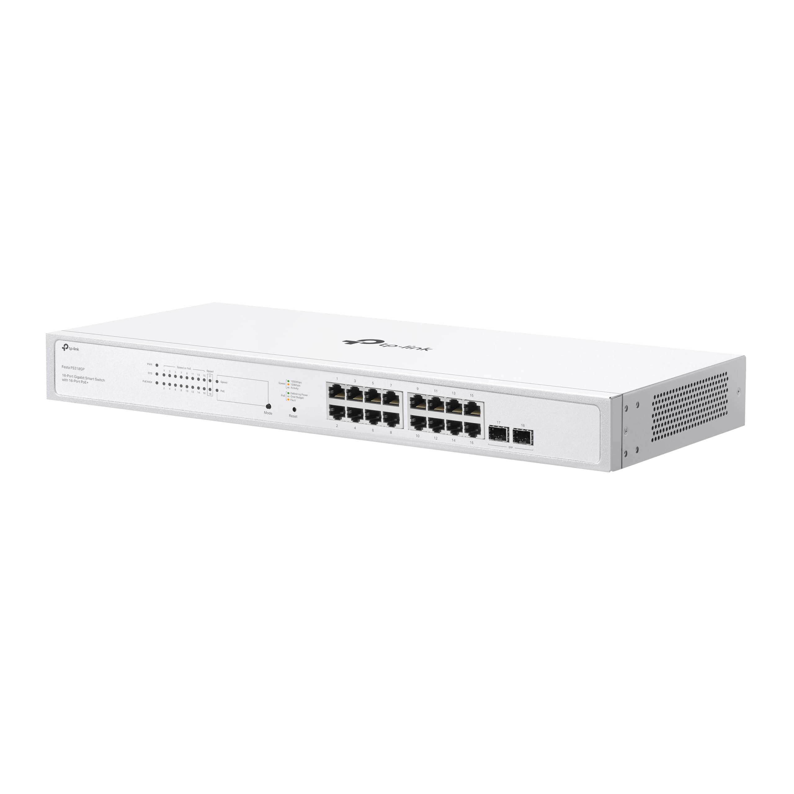 TP-Link Festa FS318GP 18-Port Gigabit Switch, 16× Gigabit 802.3af/at PoE+ Ports, 2× Gigabit-SFP-Steckplätze, 150W Gesamt-PoE-Budget, bis zu 30 W PoE-Leistung pro Port, Kostenlose Cloud-Verwaltung