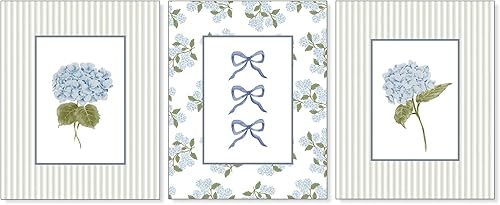 Miniatura 11 de Pleonox Juego de 4 impresiones artísticas florales de hortensias preppy retro de moda de 8 x 10 pulgadas, con texto en inglés «How Lucky Are We Azul