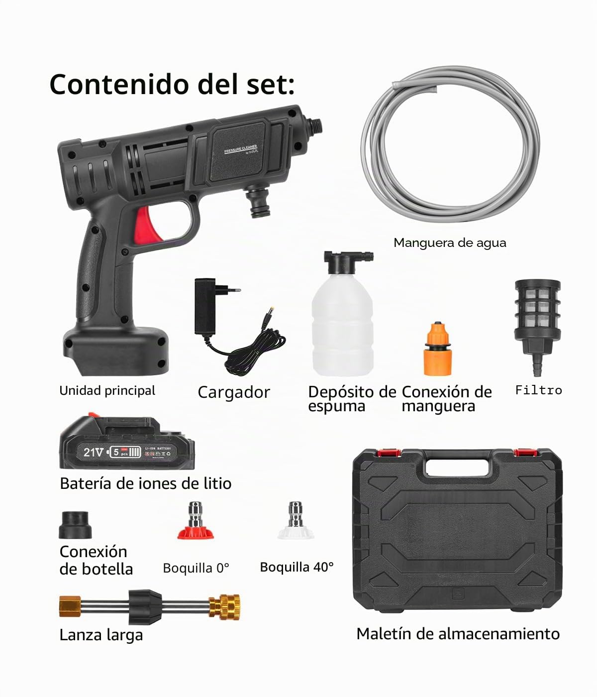 Genius Limpiador a presión inalámbrico Pressure Cleaner 12 Piezas, Pistola Profesional de Lavado a presión para Coche, con batería y Manguera de Agua de 5 m, Limpiador a presión portátil para terraza
