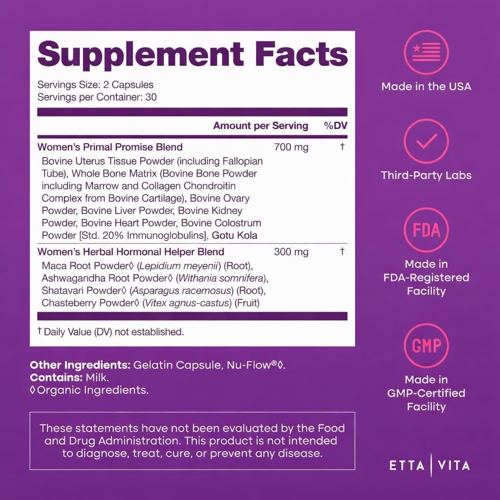 Primal Beef Organ Supplement for Women (Made in USA) Boosted w Shatavari, Maca, Ashwagandha, and Chasteberry - Grass Fed Uterus, Ovary, Liver, Kidney, Heart Bone Matrix, Gotu Kola and Queen Colostrum - Image 4