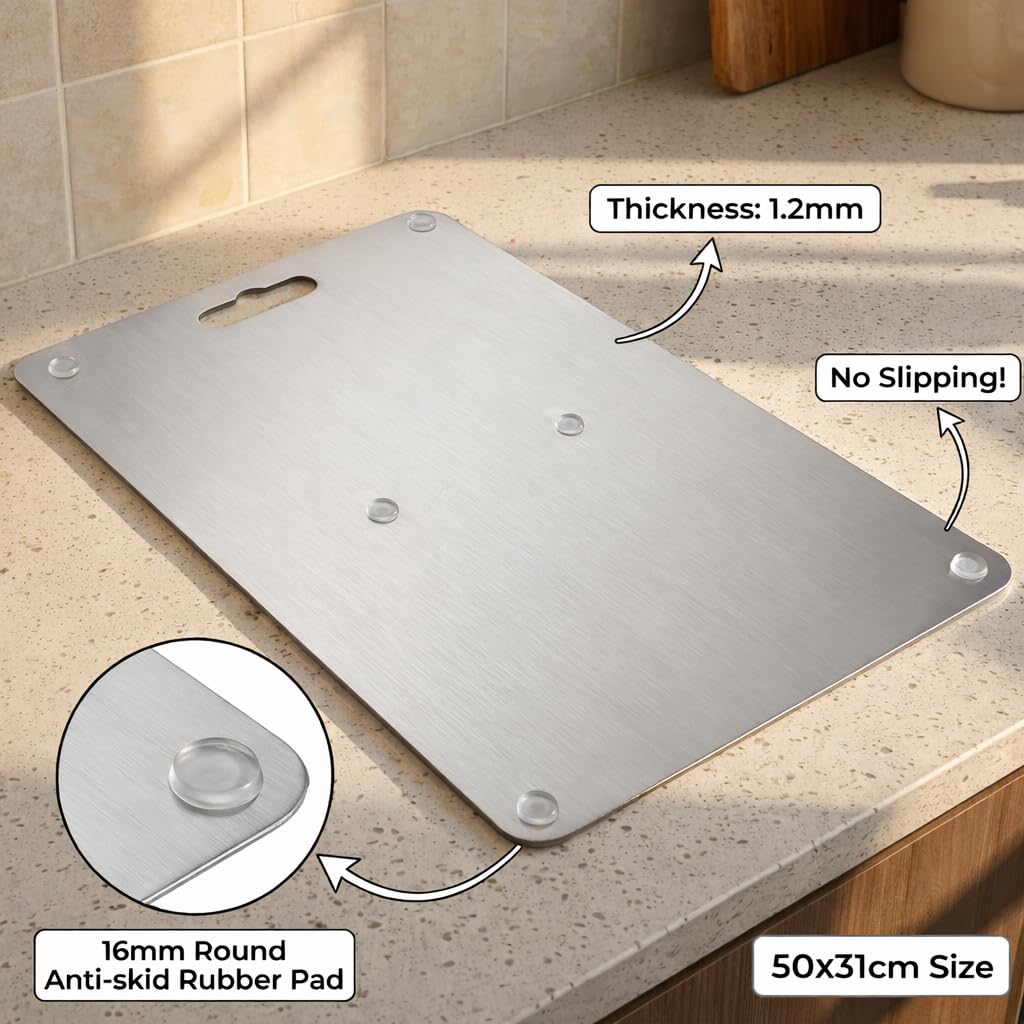Herrlich Homes Rectangle 304 Stainless Steel Chopping Board | with 2 Steel Straw & Anti-Skid Silicon Pads | Non Slip | Round Edge | for Cutting Vegetables, Meat,Fish,Fruits | X-Large | 50 x 31 cm 1