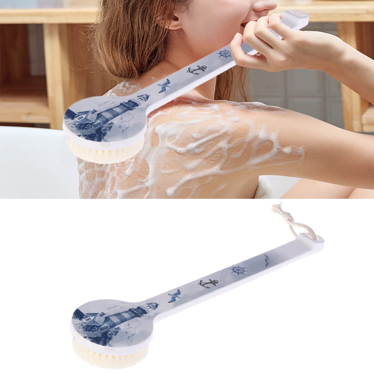 Healeved 2pezzi Spazzola Da Bagno Con Manico Lungo Spazzola Esfoliante Per Massaggio e Schiena Morbida e Stampa Tema Faro Per Esperienza Relax