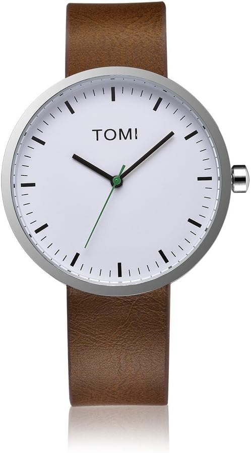 Tomi 005 Quartz Analog Stainless Steel White Green Leather Brown Unisex Design Watch