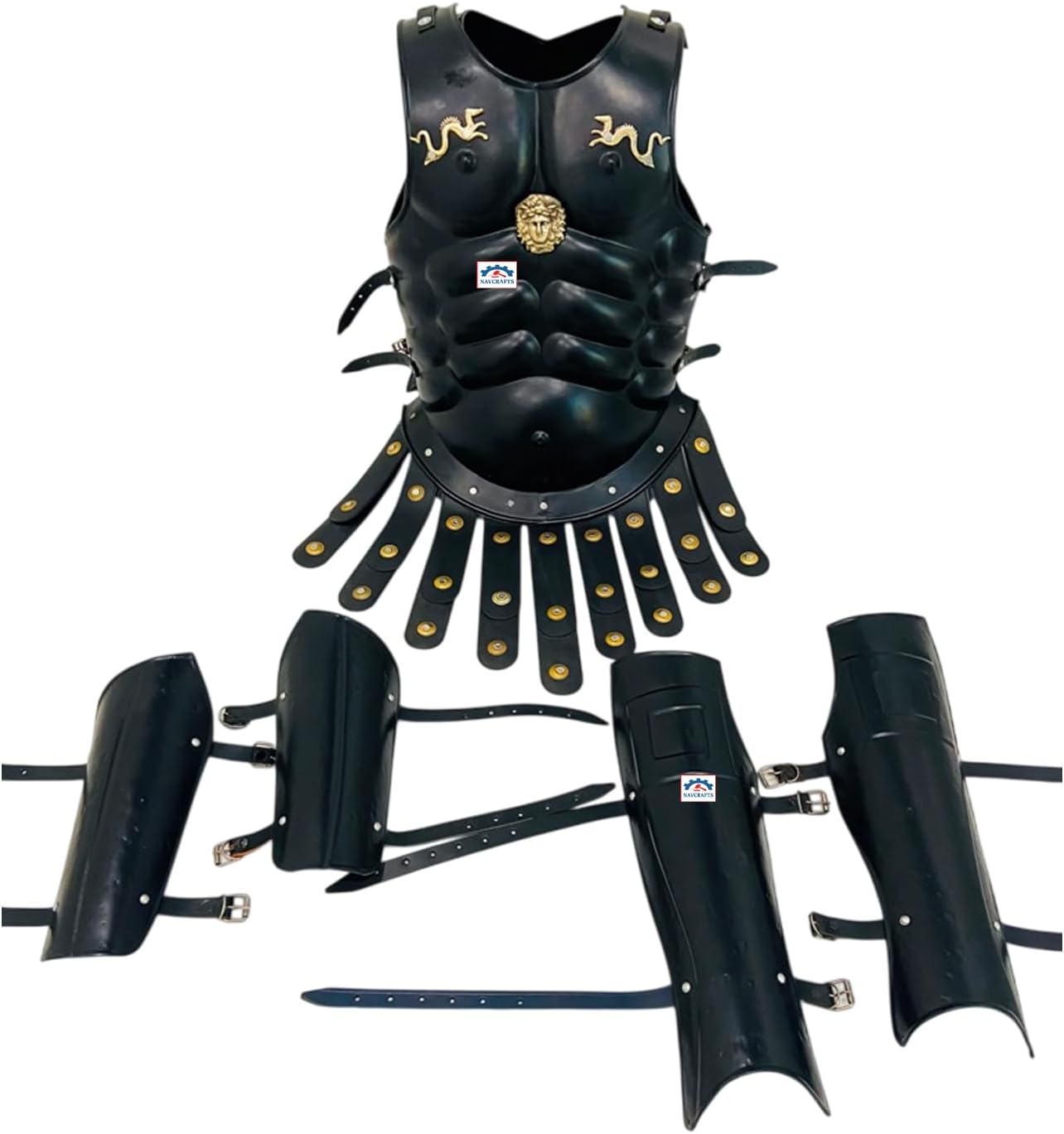 Black Spartan Muscle Cuirass Armor Set - Greek Medusa Breastplate with Bracers & Greaves - Roman Warrior Halloween Cosplay Costume