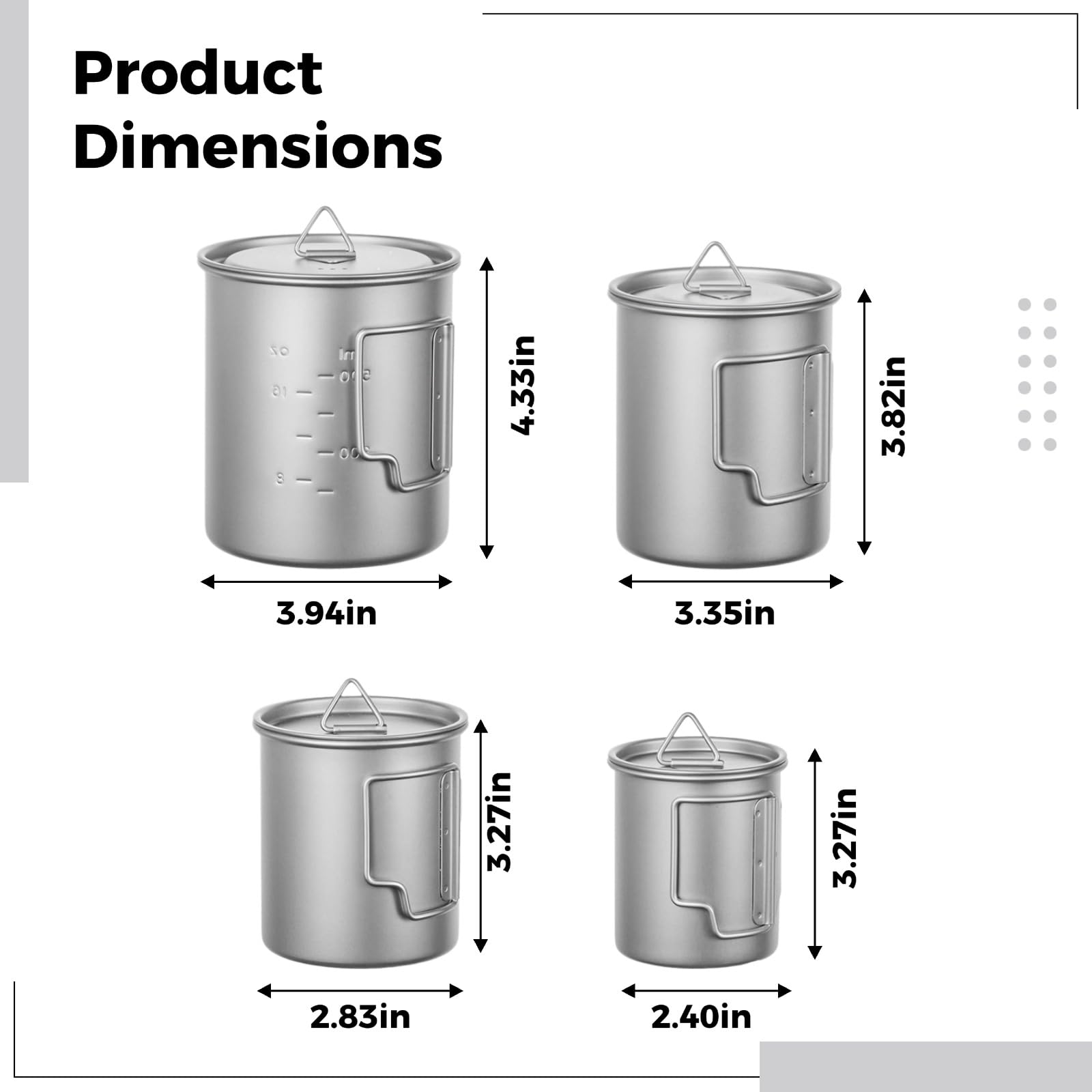 Lot de 4 mugs de camping en titane pur, gobelets à double paroi avec couvercles, 200 ml, 300 ml, 450 ml et 750 ml, légers, empilables et portables, pour randonnée, backpacking et voyage