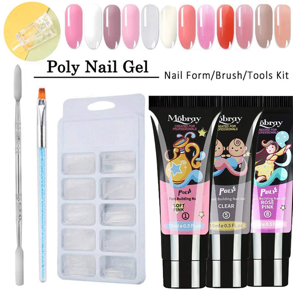 Poly Gel, 1pcs 15ML Building Gel & 100pcs Nail Tips & a Therapy Pen, a Double-end Pusher, a Transparent Clip Nail Art Extension Manicure Set for Beginner or Technician (Nude)