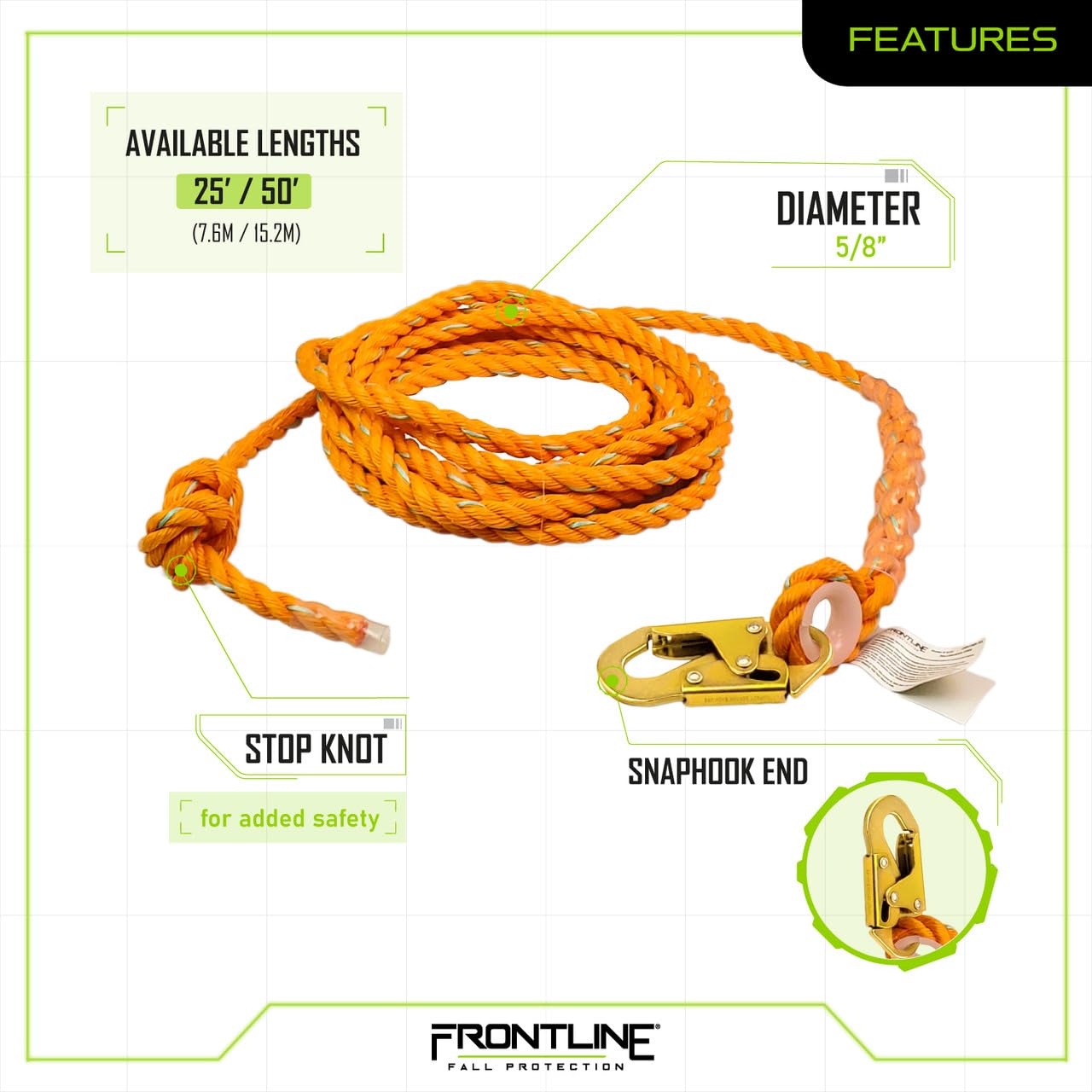 Frontline VLP25 Vertical Lifeline with Snap Hook 25' | 5/8'' Diameter Polysteel Twisted Rope | ANSI & OSHA Compliant | Roofing & Scaffolding
