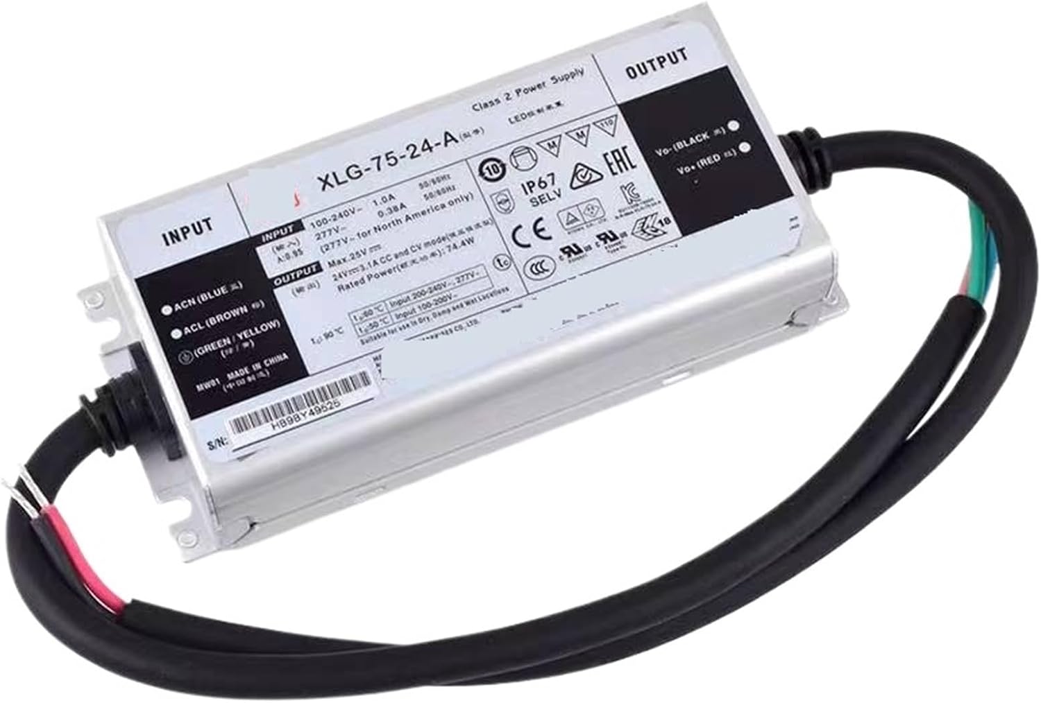 1pcs XLG-75-24-A 24V 3.1A Constant Voltage LED Lighting Driver Buit-in Active PFC Function AC-DC Water Proof IP67