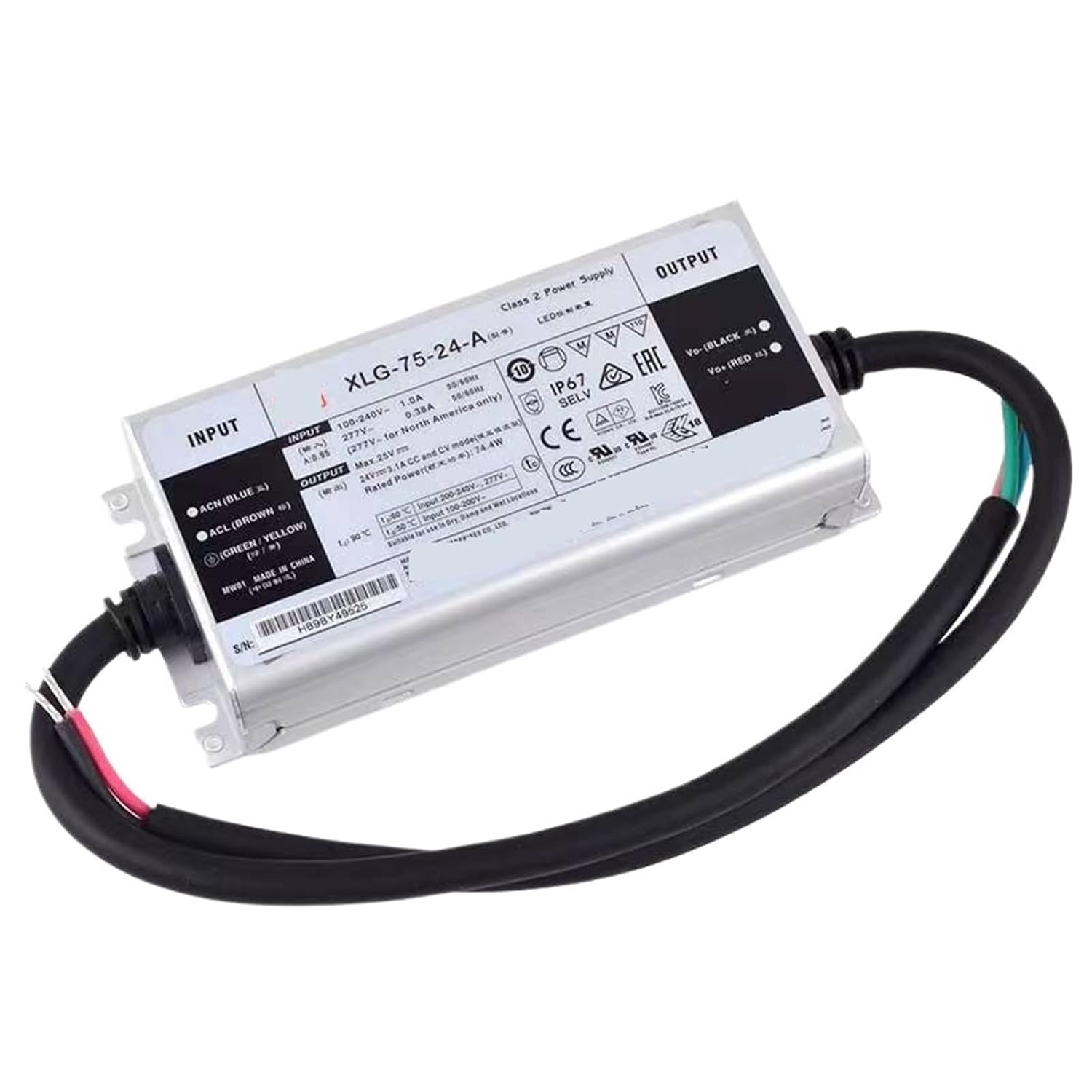1pcs XLG-75-24-A 24V 3.1A Constant Voltage LED Lighting Driver Buit-in Active PFC Function AC-DC Water Proof IP67