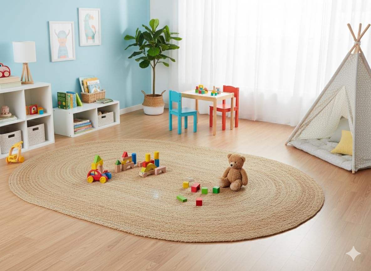 Craft Trade Natural Jute Area Rug Boho Braided Hand Woven Vintage Sisal Rug Reversible Home Decor Farmhouse Carpet Rag Rug for Kitchen Living Room and Bedroom - Oval 150x210 cm โ image 1