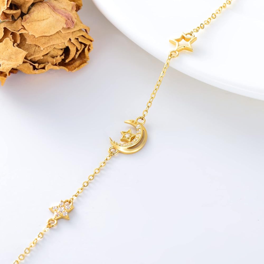 Amazon | YDD 14K 純金 星 月 ブレスレット 女性用 ゴールド