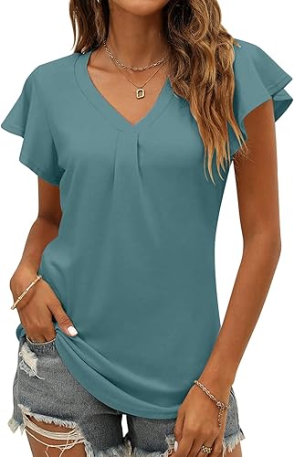 Blusas de verano para mujer, manga con volantes, cuello en V, estilo casual, para negocios, blusas fluidas para mujer