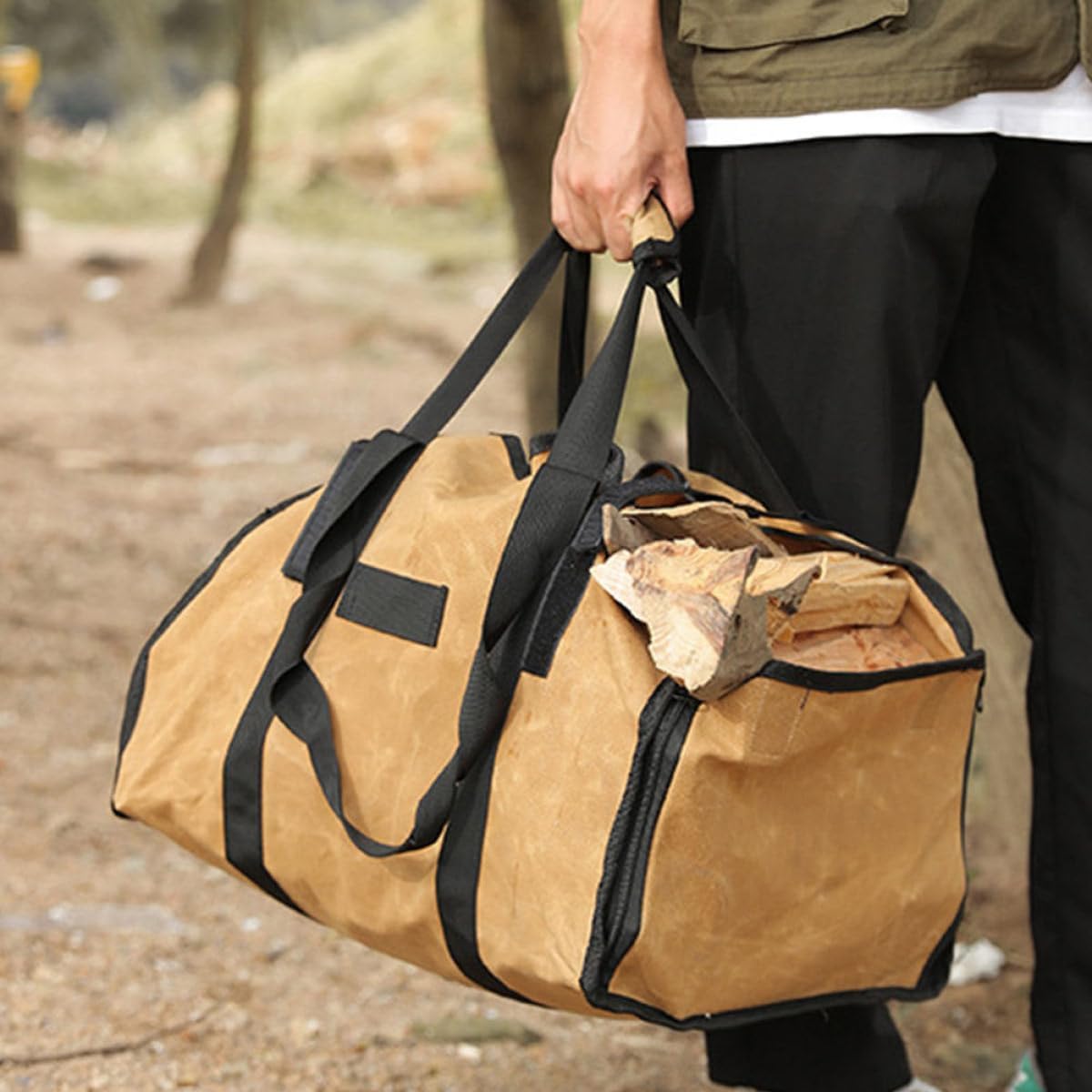 Large-Capacity Firewood Carry Bag Canvas Wood Carrier Tote with Handles for Outdoor Camping and Fireplace Log Storage