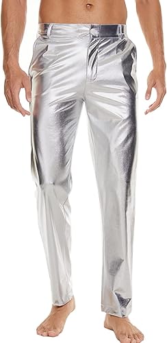 Miniatura 2 de Pantalones de discoteca metálicos brillantes para hombre, pantalones de cuero para fiesta de baile de estilo mojado, pantalones de cuero de los años