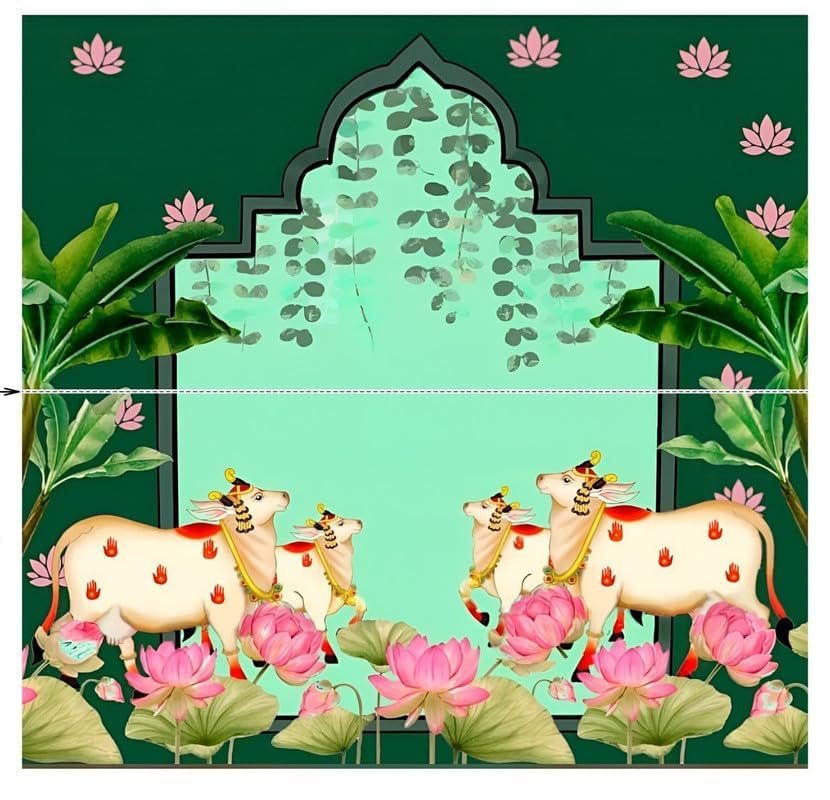 Image of Background Decorations clothss| pongal Decoration backdrops | pichwai Backdrop Cloth for Decoration Dark Green Backdrop Four Cow& Pink Lotus Flowers 8 8 feet | Pooja Backdrop Cloth